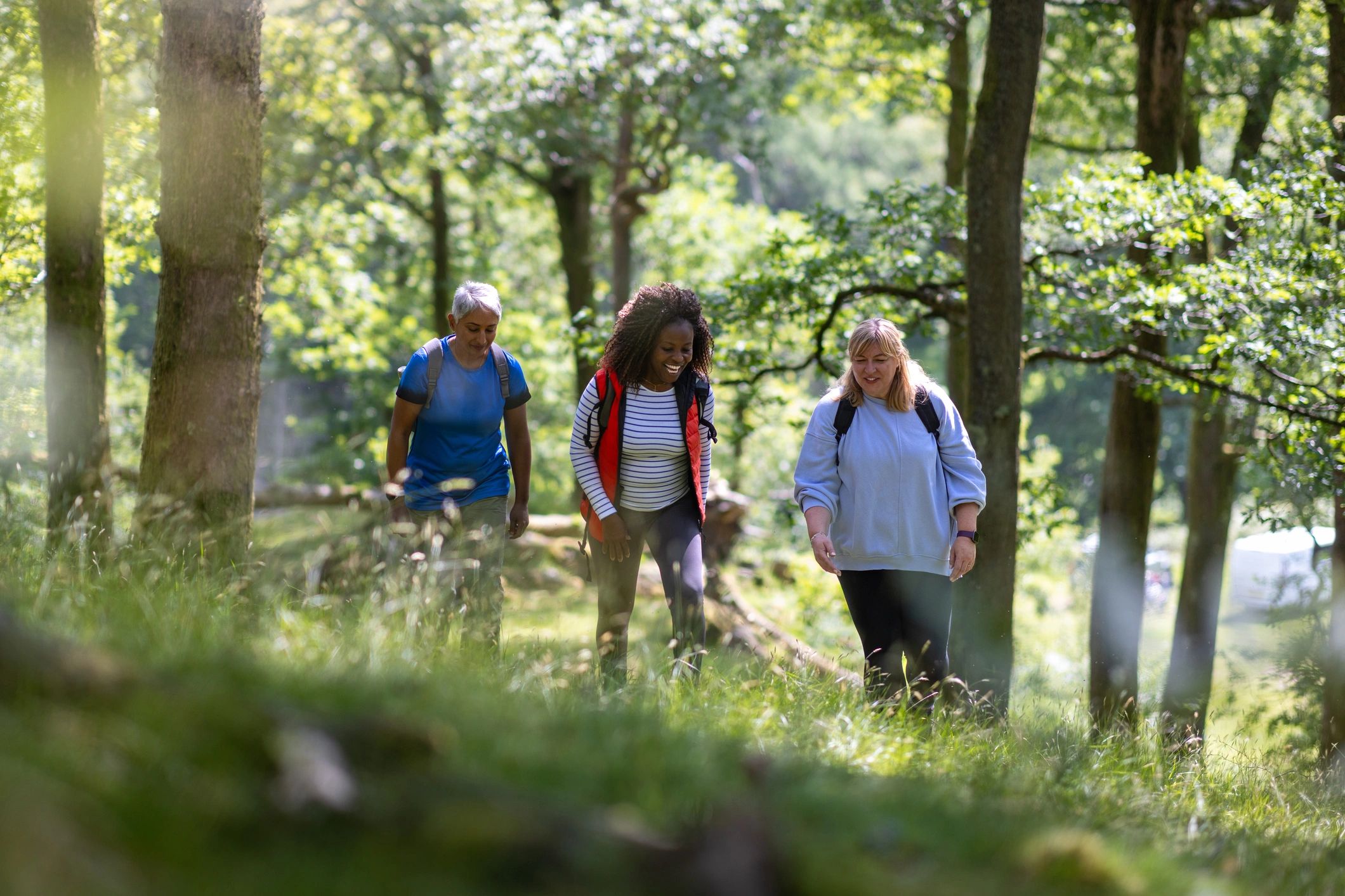 Friends hiking together on a guided outdoor adventure