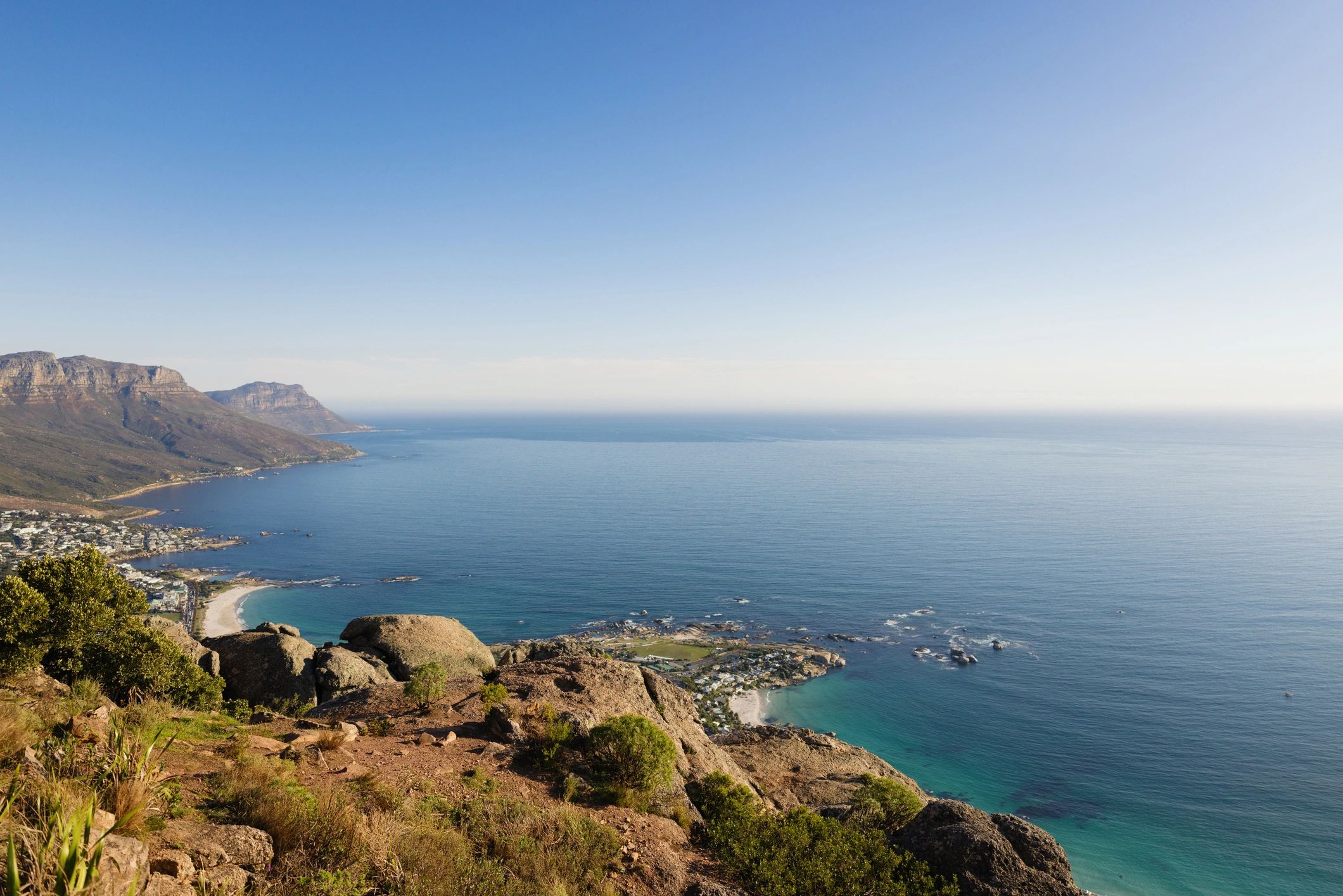 Cape Town bay coastline with mountains and clear sky